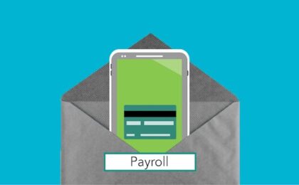 Decorative cardboard illustration of cellphone with application on screen in envelope with Payroll inscription on blue background